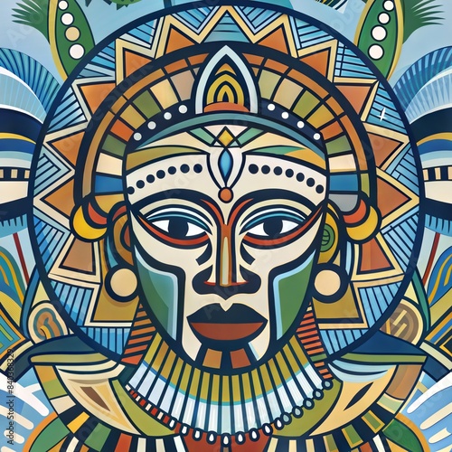 A vibrant and intricate illustration of a traditional tribal mask, featuring bold geometric patterns and rich colors.