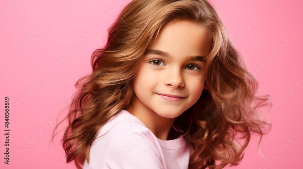 Portrait of a beautiful, happy smiling boy with long hair and perfect skin, pink background, banner.