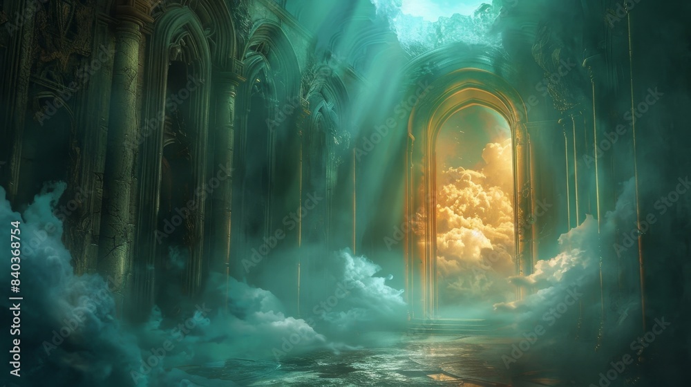 The ethereal glow that shone through the cracks in the ceiling and walls gave the impression that the ancient sanctuary was floating amidst the clouds untouched by time The ethereal glow that shone through the cracks in the ceiling and walls gave the impression that the ancient sanctuary was floating amidst the clouds untouched by time