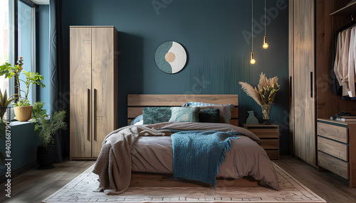 Interior of stylish bedroom with cozy bed and wooden cabinet