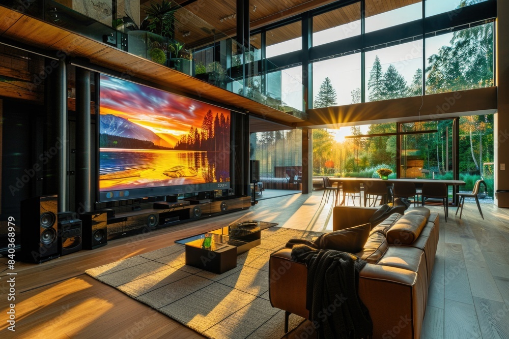 A warm and inviting living space with comfortable furniture and modern electronics A warm and inviting living space with comfortable furniture and modern electronics