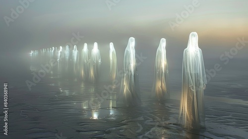 The twilight mist seems to part as a row of ghostly figures materializes their translucent bodies illuminated by an otherworldly glow photo