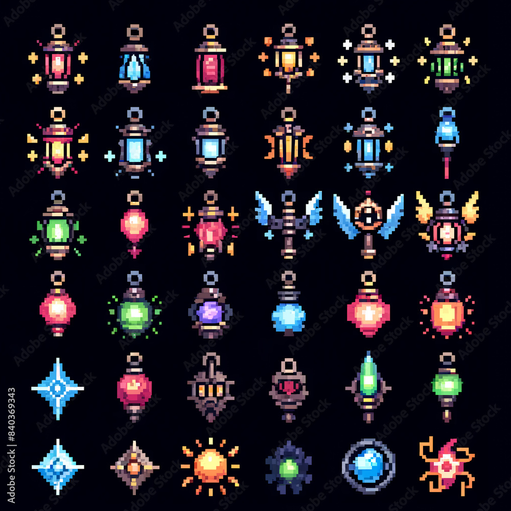 A sprite sheet of pixel art icons for a spirit's lantern from an RPG game A sprite sheet of pixel art icons for a spirit's lantern from an RPG game