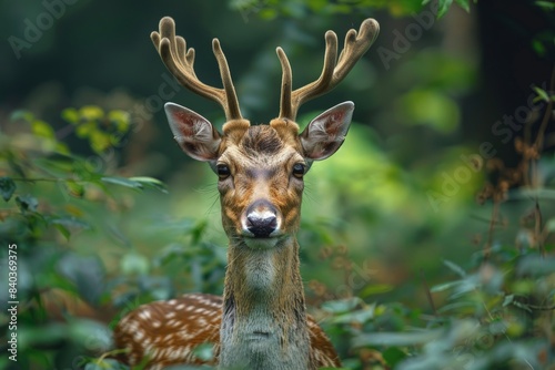 Young Deer with Velvet Antlers in Forest