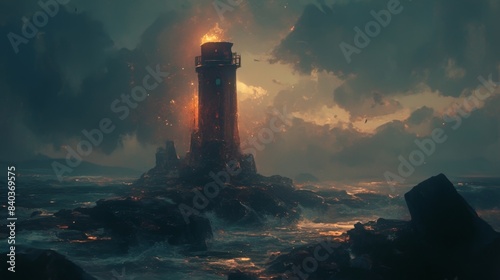 The lighthouses light flickers and dances wildly as if guided by a malevolent force luring unsuspecting sailors to their watery graves on the rocky shores photo