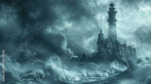 A thick fog surrounds the lighthouse concealing the ghostly spirits that roam its grounds their mournful cries blending in with the crashing waves below