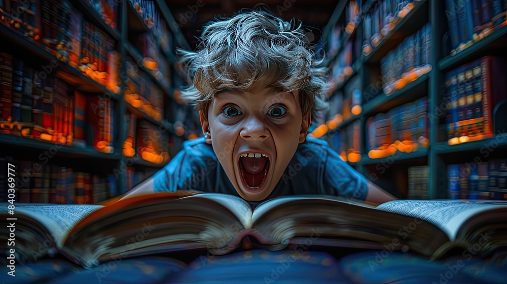 Child with enthusiasm in a library, world book day, back to school, international education day Child with enthusiasm in a library, world book day, back to school, international education day