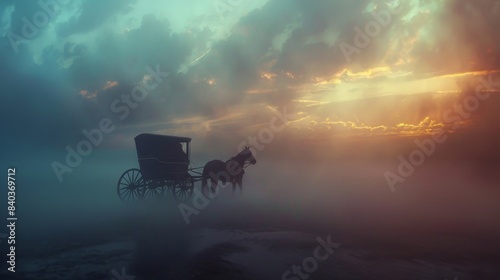 A translucent horsedrawn carriage slowly makes its way through the ethereal mist its passengers obscured by the dense fog photo