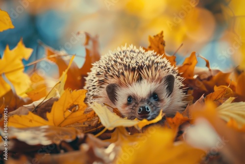 A hedgehog sits amidst a pile of autumn leaves  offering a cozy and peaceful scene