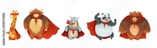 Animal Character Superhero Dressed in Mask and Red Cape or Cloak Vector Set
