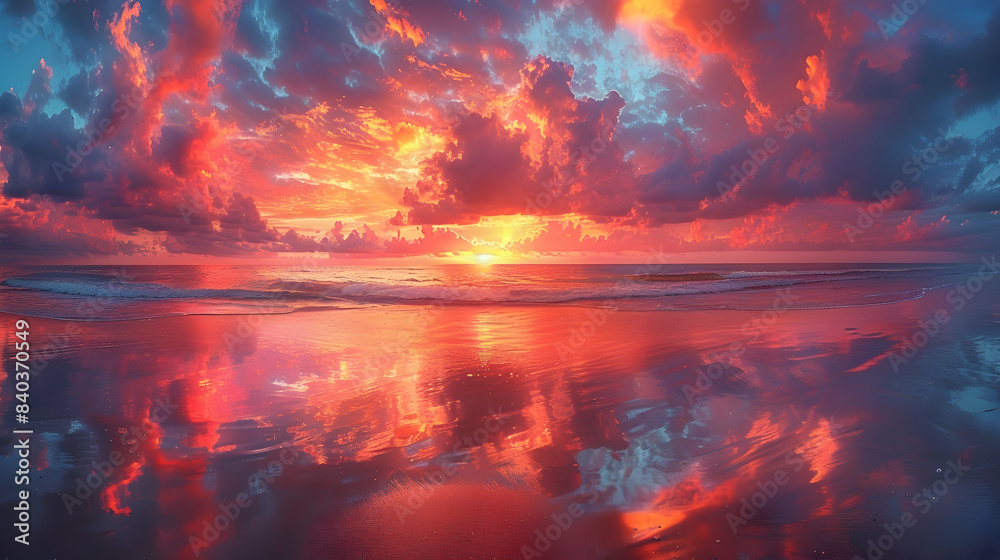 Fototapeta premium A nature sea during sunset, the sky ablaze with colors, and the water reflecting the hues