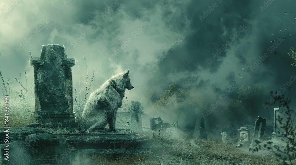 A mournful whimper fills the air as a ghostly dog watches over the forgotten graves its loyalty never fading A mournful whimper fills the air as a ghostly dog watches over the forgotten graves its loyalty never fading