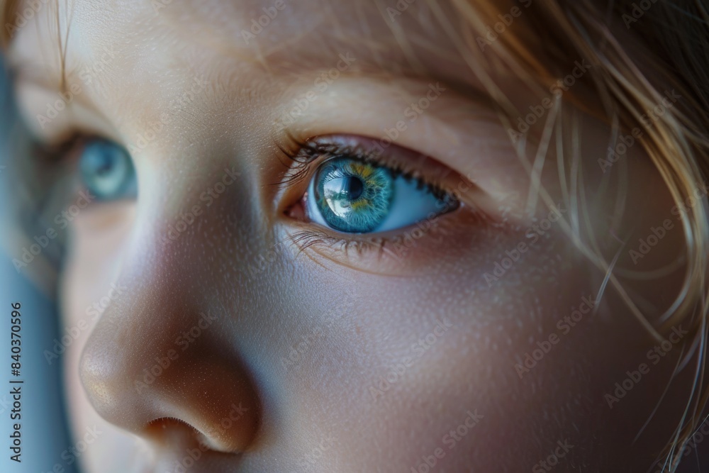 Fototapeta premium A detailed view of a young child's bright blue eyes, perfect for editorial or commercial use