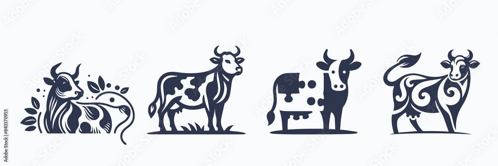 Fototapeta premium Set of cows. Black silhouette cow isolated on white. Hand drawn vector illustration