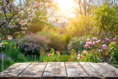A beautiful spring background with vibrant green foliage and blooming branches  featuring an empty wooden table