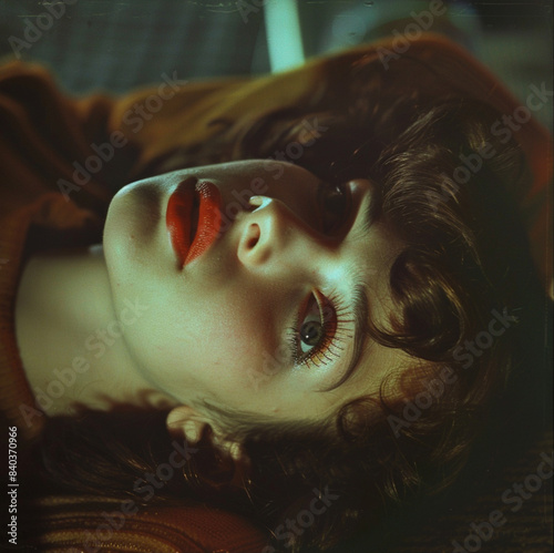 color photo close up of a young woman's face in 1966 laying on her back, hair fanned out around her head, lips slightly parted, looking at the camera