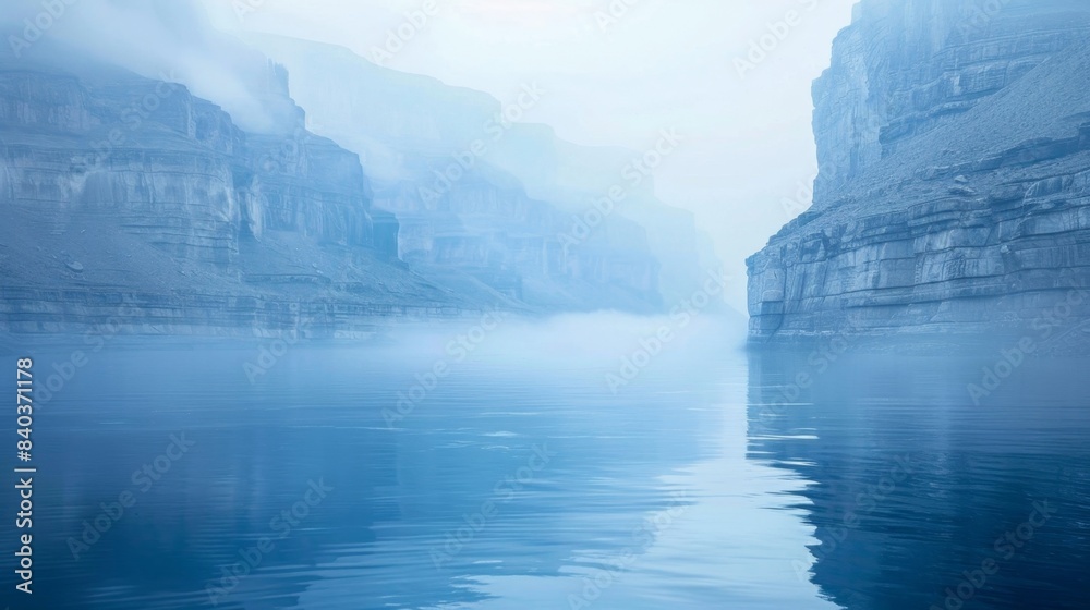 Fototapeta premium Within the ghostly mist the canyon takes on an otherworldly beauty with ethereal shades of blue and silver dancing across its walls and reflecting off the tranquil waters below
