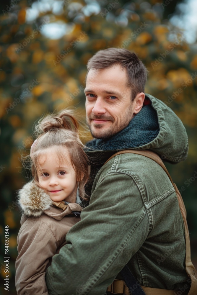 A man comforting a young child in his arms, possibly in a scene of comfort and security A man comforting a young child in his arms, possibly in a scene of comfort and security