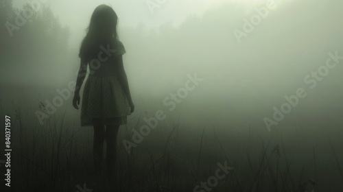 The mist suddenly parts to reveal a ghostly child her pale skin and tattered dress giving off an otherworldly aura as she invites you to play in the fog photo