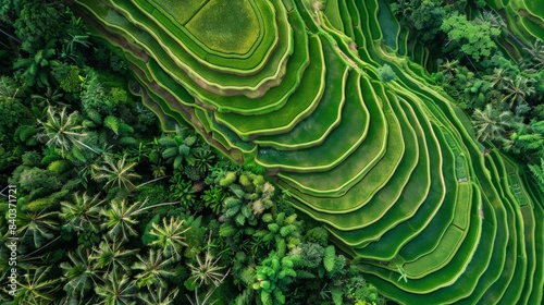 A drone shot capturing the intricate terraced rice paddies in Southeast Asia  showcasing traditional agricultural practices and stunning landscape design.