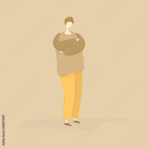 Vector drawing depicting a lonely man in a brown sweater and yellow trousers hugging himself 