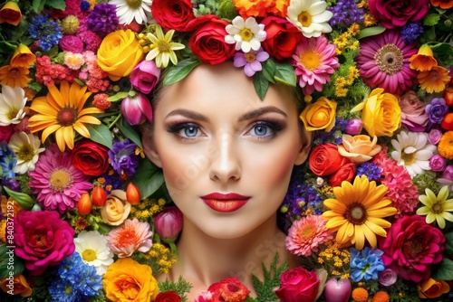of a woman s face surrounded by colorful flowers and floral design