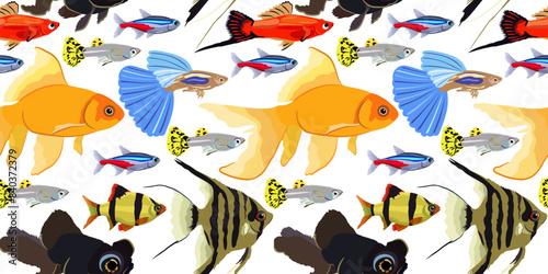 Vector seamless pattern with colorful aquarium fishes