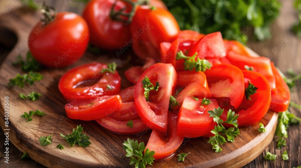 Juicy sliced tomatoes close up photo on wooden chopping board with parsley greens Juicy sliced tomatoes close up photo on wooden chopping board with parsley greens