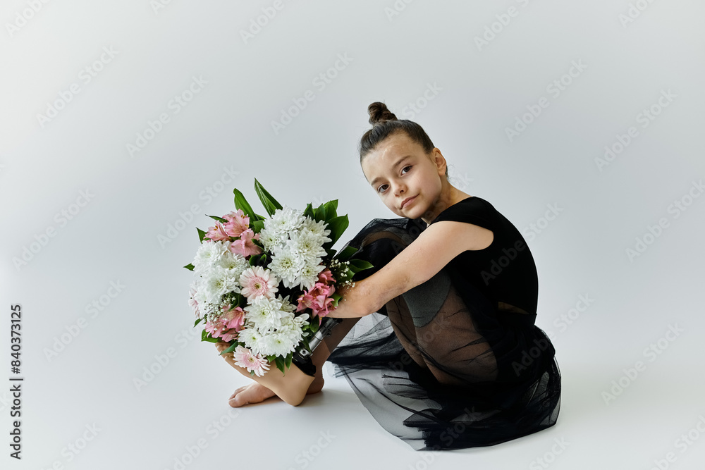 A young girl with a prosthetic leg, wearing a black leotard, sits with a bouquet of flowers. A young girl with a prosthetic leg, wearing a black leotard, sits with a bouquet of flowers.