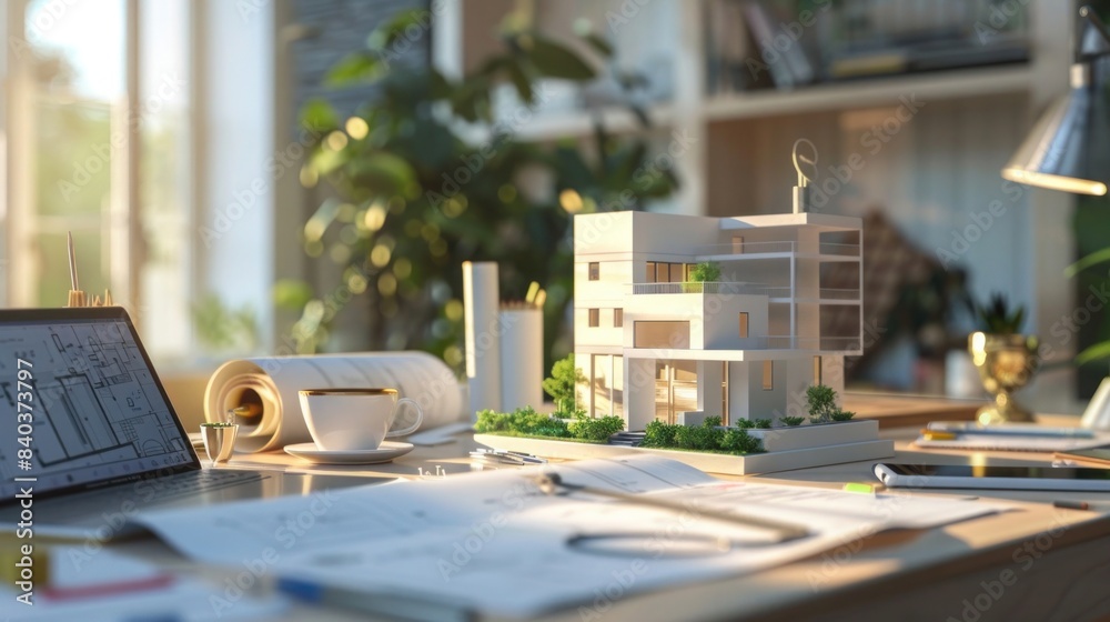 Architect's desk with house model, blueprints, coffee, and stationery ...