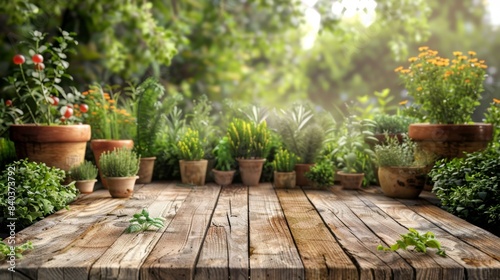 Sustainable Cooking Showcase Rustic Wooden Platform Surrounded by Lush Edible Garden Plants and Herbs