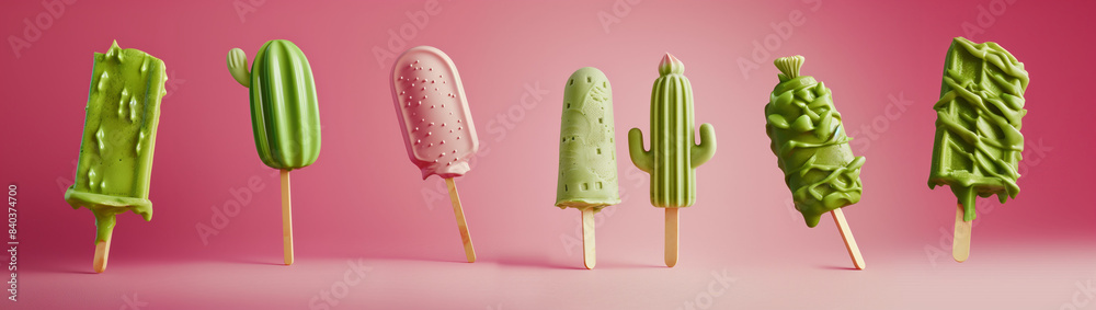 Ice creams on a stick in the shape of a cactus lined up next to each other. The colors are green and pink. Creative minimal summer idea. Flat lay, top view, copy space Ice creams on a stick in the shape of a cactus lined up next to each other. The colors are green and pink. Creative minimal summer idea. Flat lay, top view, copy space