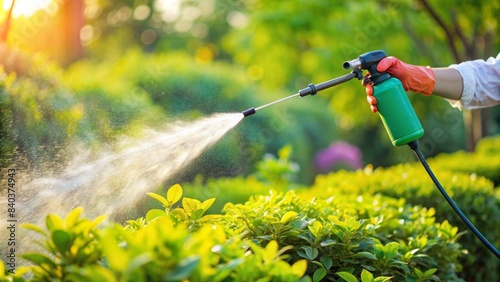 Close up shot of a hand spraying insecticide to exterminate harmful insects in a garden, extermination, harmful, pests photo