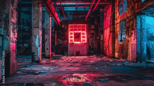 gritty industrial ruins illuminated by vibrant neon lights abstract photography photo