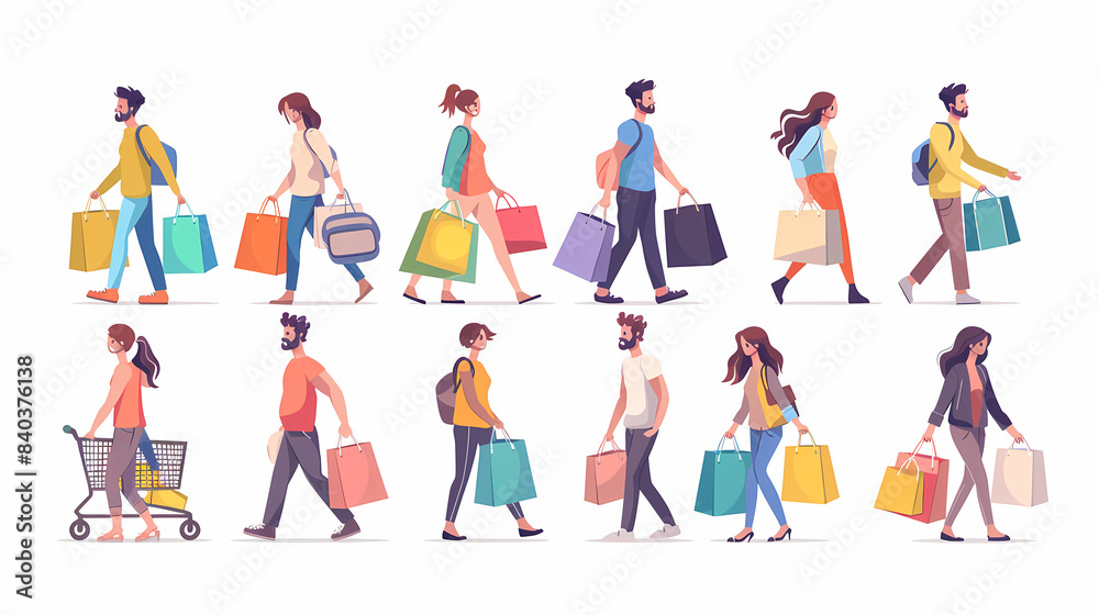 Set of Character Carrying Shopping Bags, Symbolizing Consumerism And Retail Therapy. Cartoon Vector Illustration