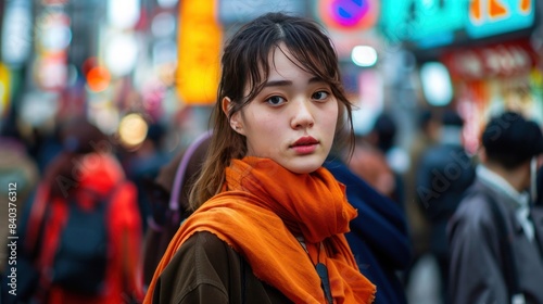 Young woman with orange scarf in vibrant city street. She is surrounded by busy crowd and colorful lights in background. © Tamara