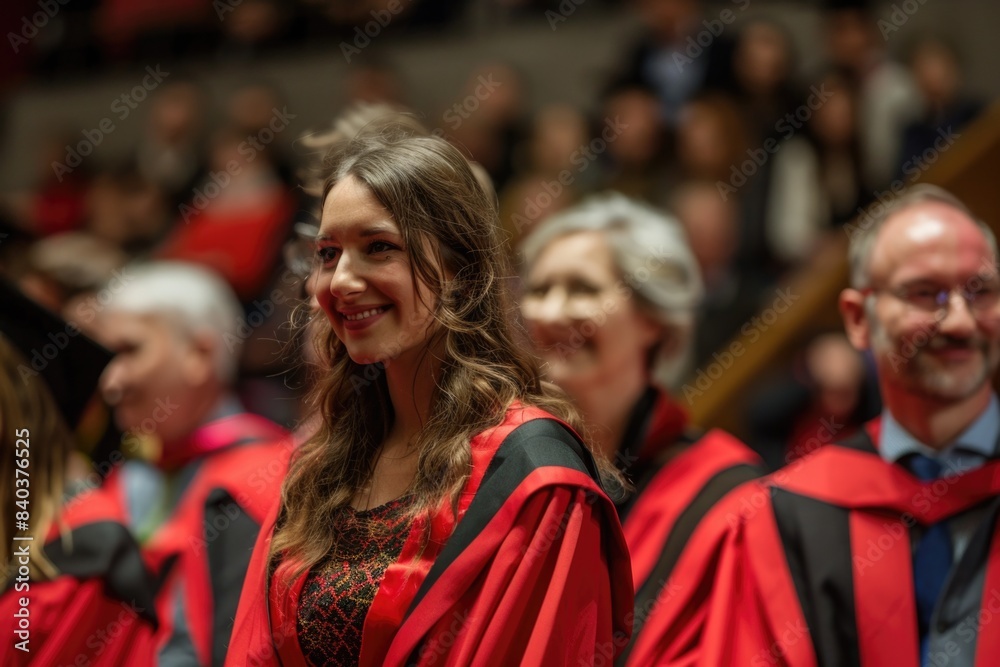 A young woman in a red and black graduation gown stands proudly, symbolizing the achievement of her academic goals A young woman in a red and black graduation gown stands proudly, symbolizing the achievement of her academic goals