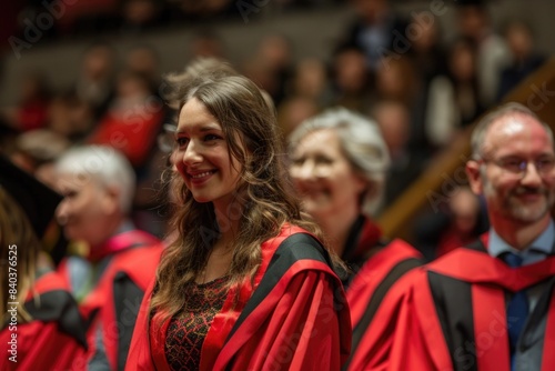 A young woman in a red and black graduation gown stands proudly, symbolizing the achievement of her academic goals