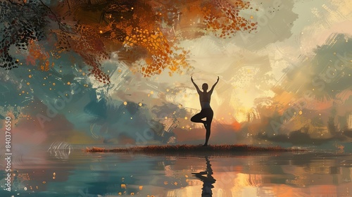 individual practicing tree pose vrikshasana balancing standing yoga pose serene backdrop digital painting