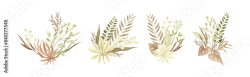 Tender Floral Bouquet Composition with Twigs Vector Set