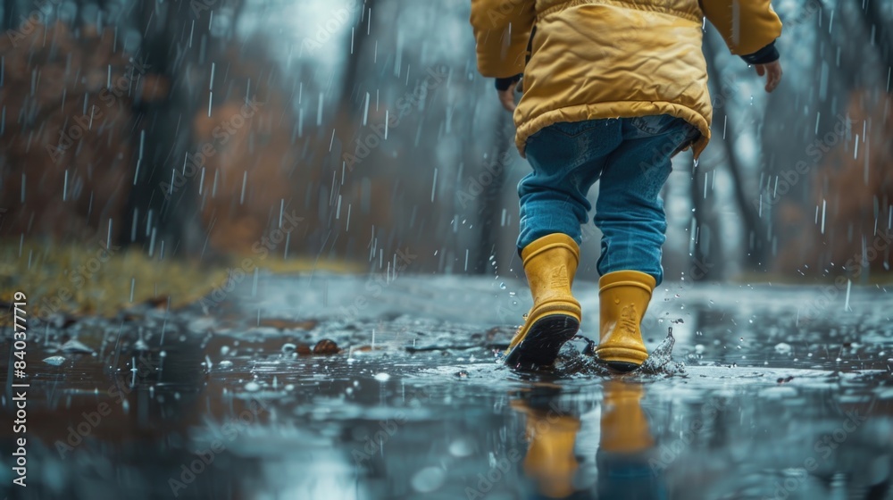 A young child wearing a bright yellow jacket and blue jeans walks through the rain, holding an umbrella A young child wearing a bright yellow jacket and blue jeans walks through the rain, holding an umbrella