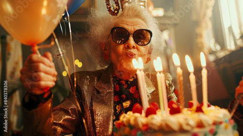Anniversary. A sweet, beautiful, stylish old woman in a golden jacket and sunglasses blows out candles on a birthday cake. A lonely elderly happy pensioner