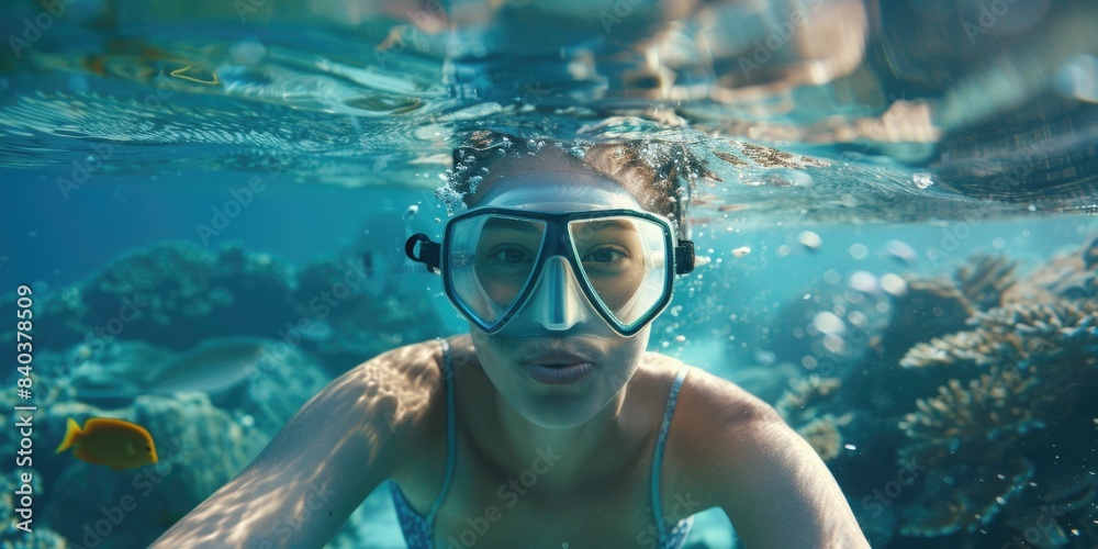 Fototapeta premium A person wearing a snorkel mask swims in a pool, good for editorial or lifestyle use