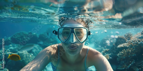 A person wearing a snorkel mask swims in a pool, good for editorial or lifestyle use © Fotograf