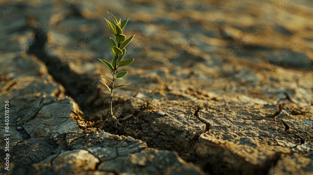 A small plant is seen sprouting from a crack in the ground, showcasing resilience and new life A small plant is seen sprouting from a crack in the ground, showcasing resilience and new life