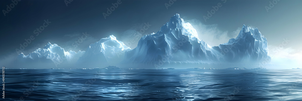 Fototapeta premium A panoramic view of a nature iceberg, the massive ice formations creating a dramatic scene
