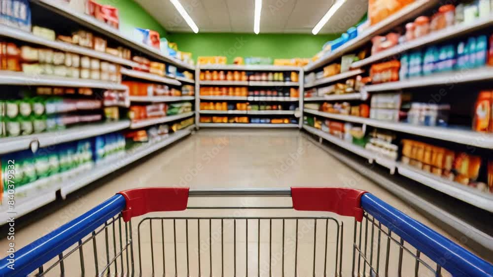Empty shopping cart in a supermarket aisle with shelves filled with ...