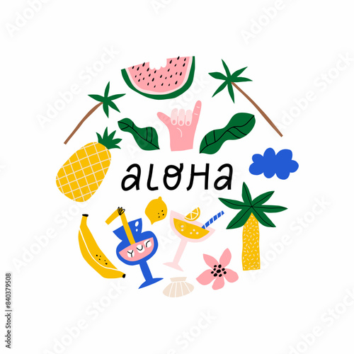 Aloha tropical elements set. Hawaiian party or beach summer poster.