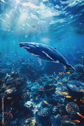 A humpback whale swimming over a coral reef  with fish and seaweed in the background