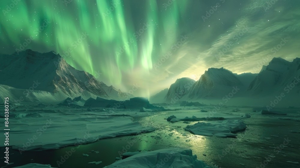 A breathtaking view of the Northern Lights dancing over a frozen landscape. Green aurora borealis illuminates the sky above snow-covered mountains and icy water. A breathtaking view of the Northern Lights dancing over a frozen landscape. Green aurora borealis illuminates the sky above snow-covered mountains and icy water.